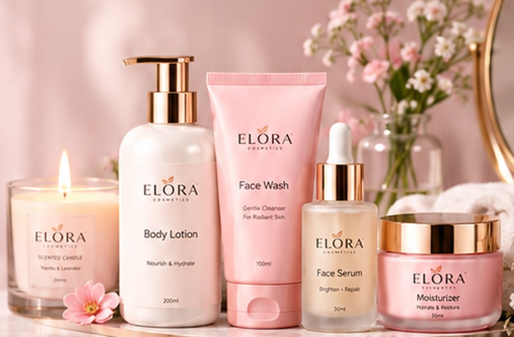 Elora body lotion, face wash, serum and moisturizer on a marble tray