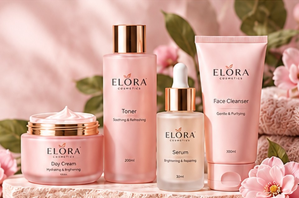 Elora day cream, toner, serum and face cleanser among pink flowers